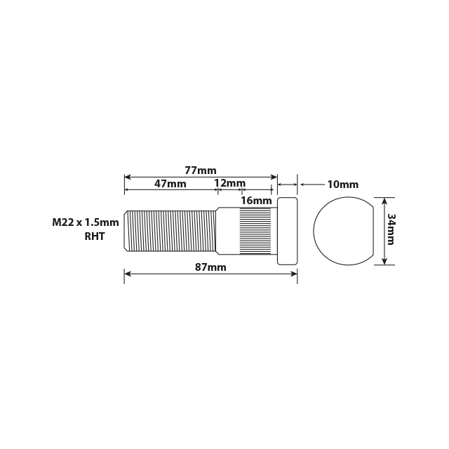 WHEEL STUD M22X1.5 RHT 77MM UH STEEL & ALLY ISO WHEEL