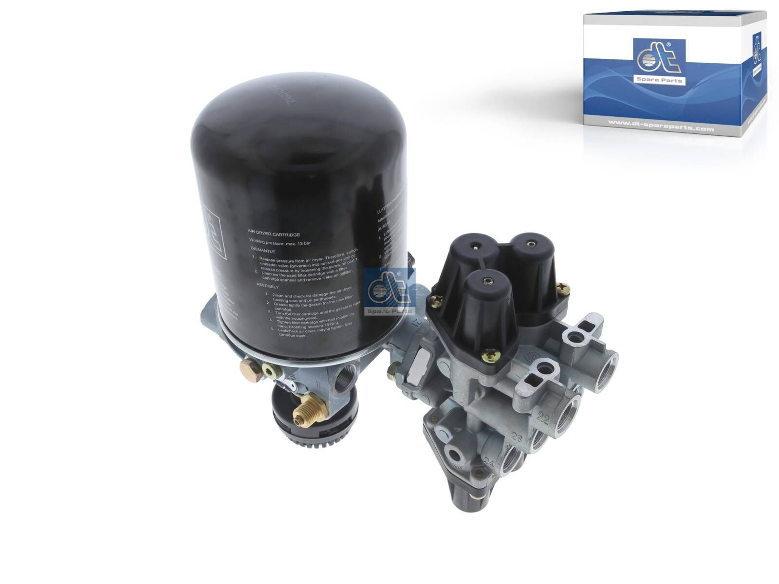 DT Spare Parts 4.64604 Air dryer, complete with valve, M12 x 1,5, M16 x 1,5, M22 x 1,5, Po21: 9 bar, Po22: 9 bar, Po23: 7.5 bar, Po24: 7.5 bar, Pc21: 7 bar, Pc22: 7 bar, Pc23: 4.5 bar, Pc24: 4.5 bar