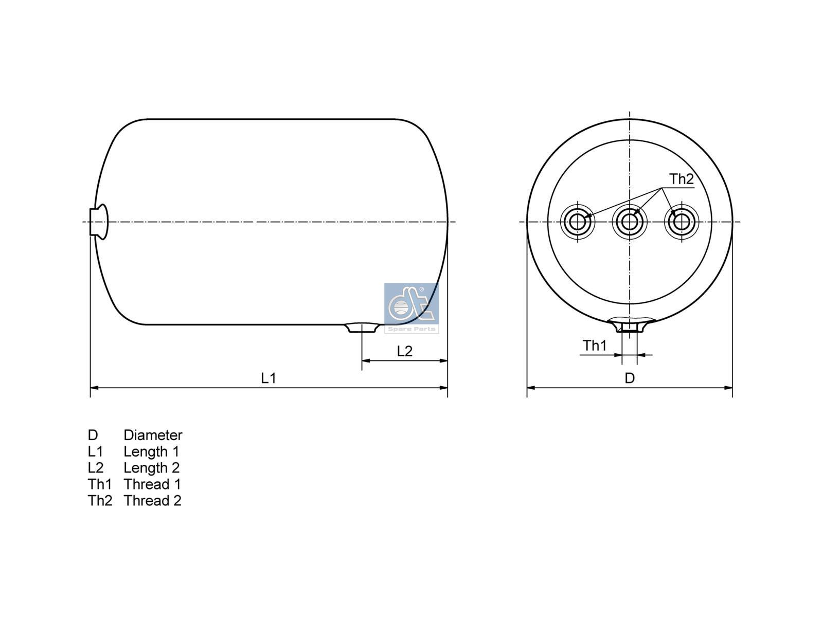 DT Spare Parts 4.66432 Air tank, 25 l, D: 276 mm, M22 x 1,5, L: 494.5 mm, 15.5 bar