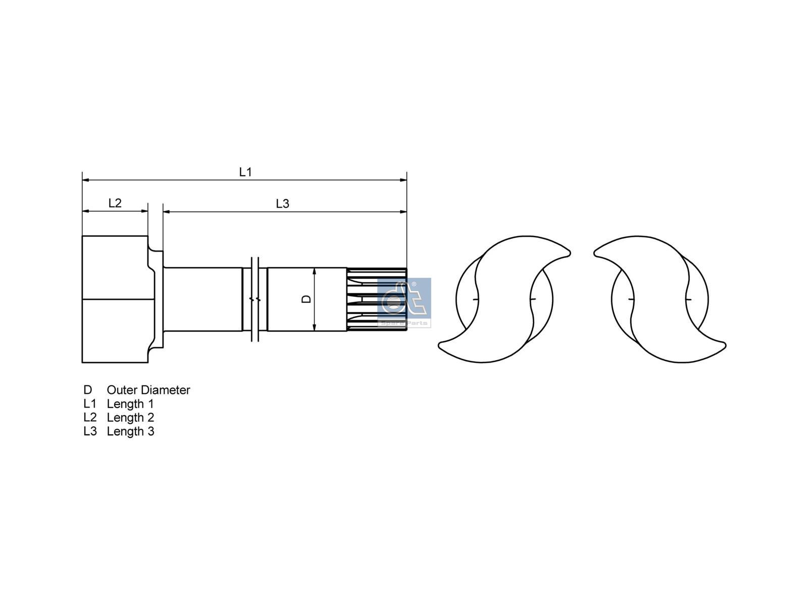 DT Spare Parts 1.18792 Brake camshaft, right, D: 44 mm, SAE 1 1/2'' 10, L1: 476 mm, L2: 40 mm, L3: 402.5 mm, 10 teeth
