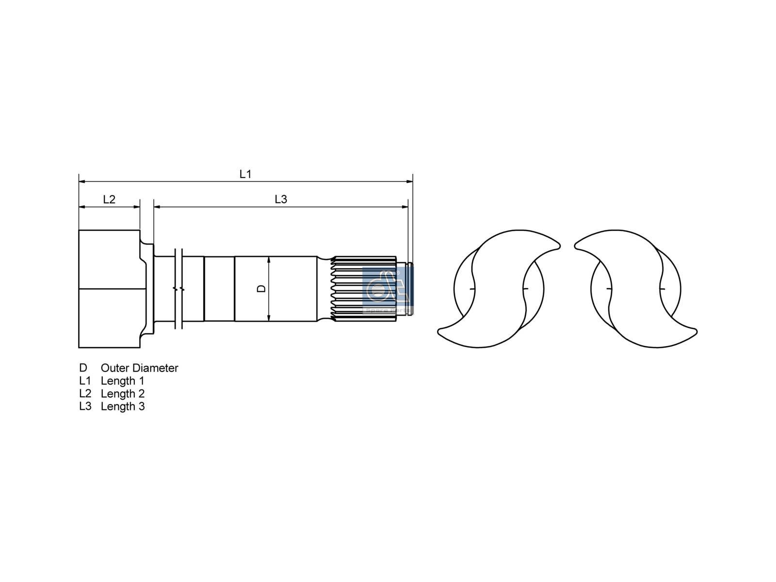 DT Spare Parts 4.65119 Brake camshaft, left, D: 42 mm, L1: 380 mm, L2: 39.5 mm, L3: 327 mm, 26 teeth