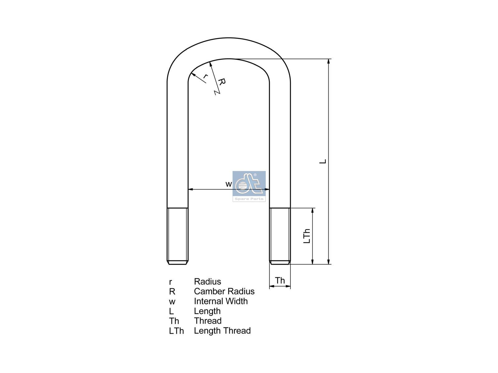 DT Spare Parts 1.25361 U-bolt, r: 15 mm, R: 150 mm, M22 x 2,5, LTh: 70 mm, L: 215 mm, w: 93 mm, 10.9