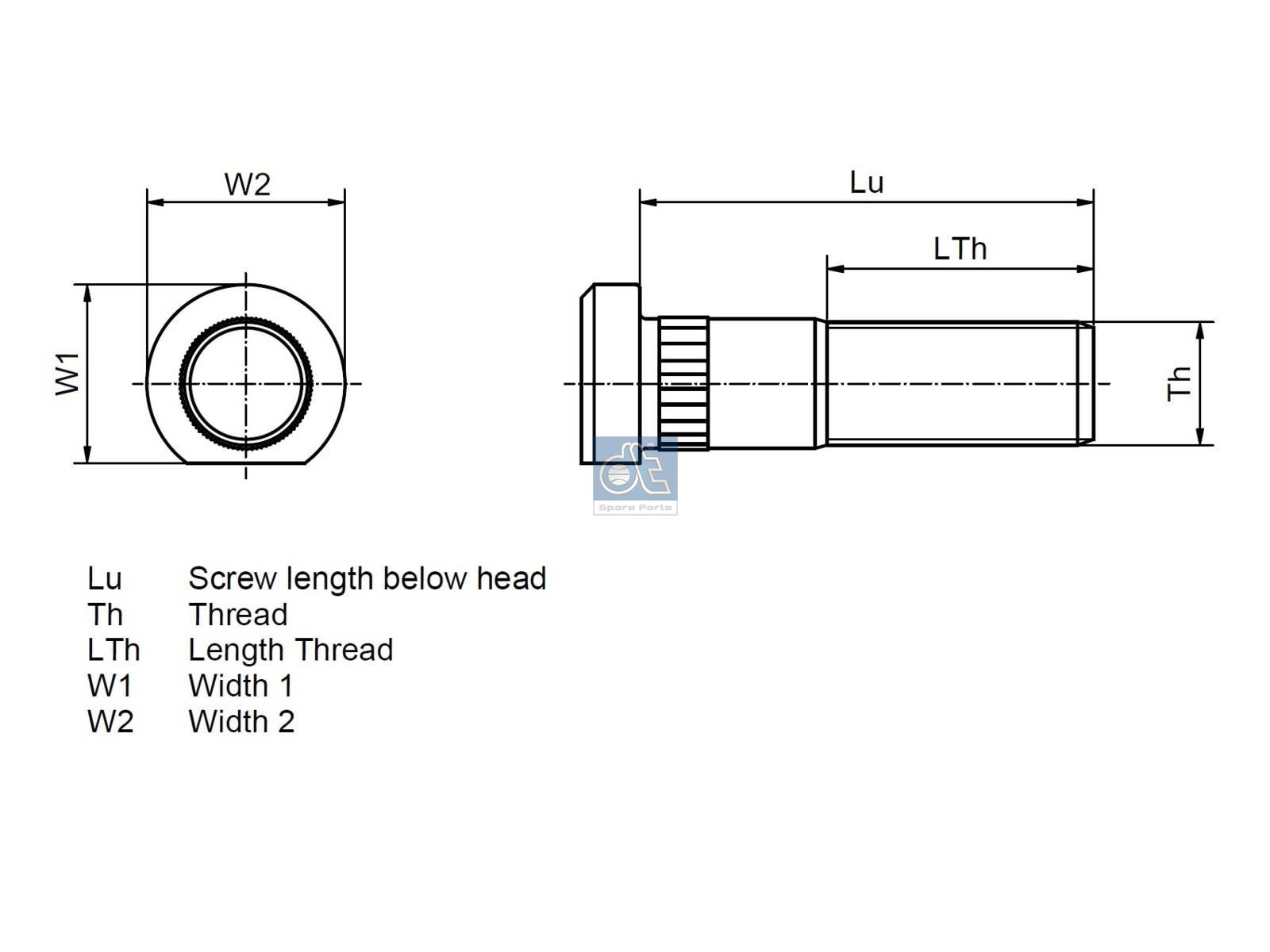 DT Spare Parts 4.40139 Wheel bolt, round head, M22 x 1,5, LTh: 38 mm, Lu: 98 mm, D: 32 mm, L: 109 mm, 10.9