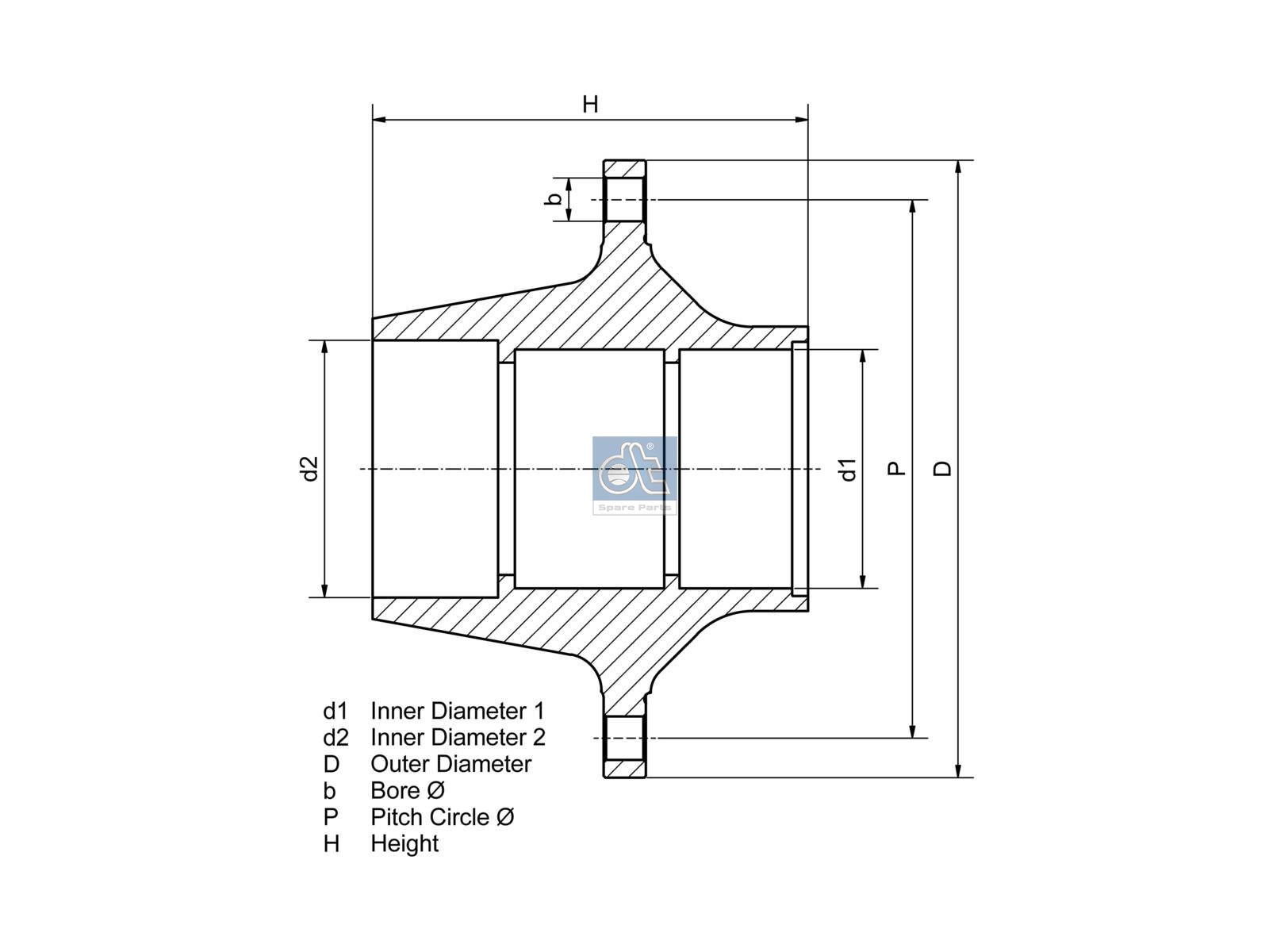 DT Spare Parts 1.17317 Wheel hub, without bearings, d1: 130 mm, d2: 140 mm, D: 375 mm, 10 bores, b: 22.4 mm, H: 184 mm