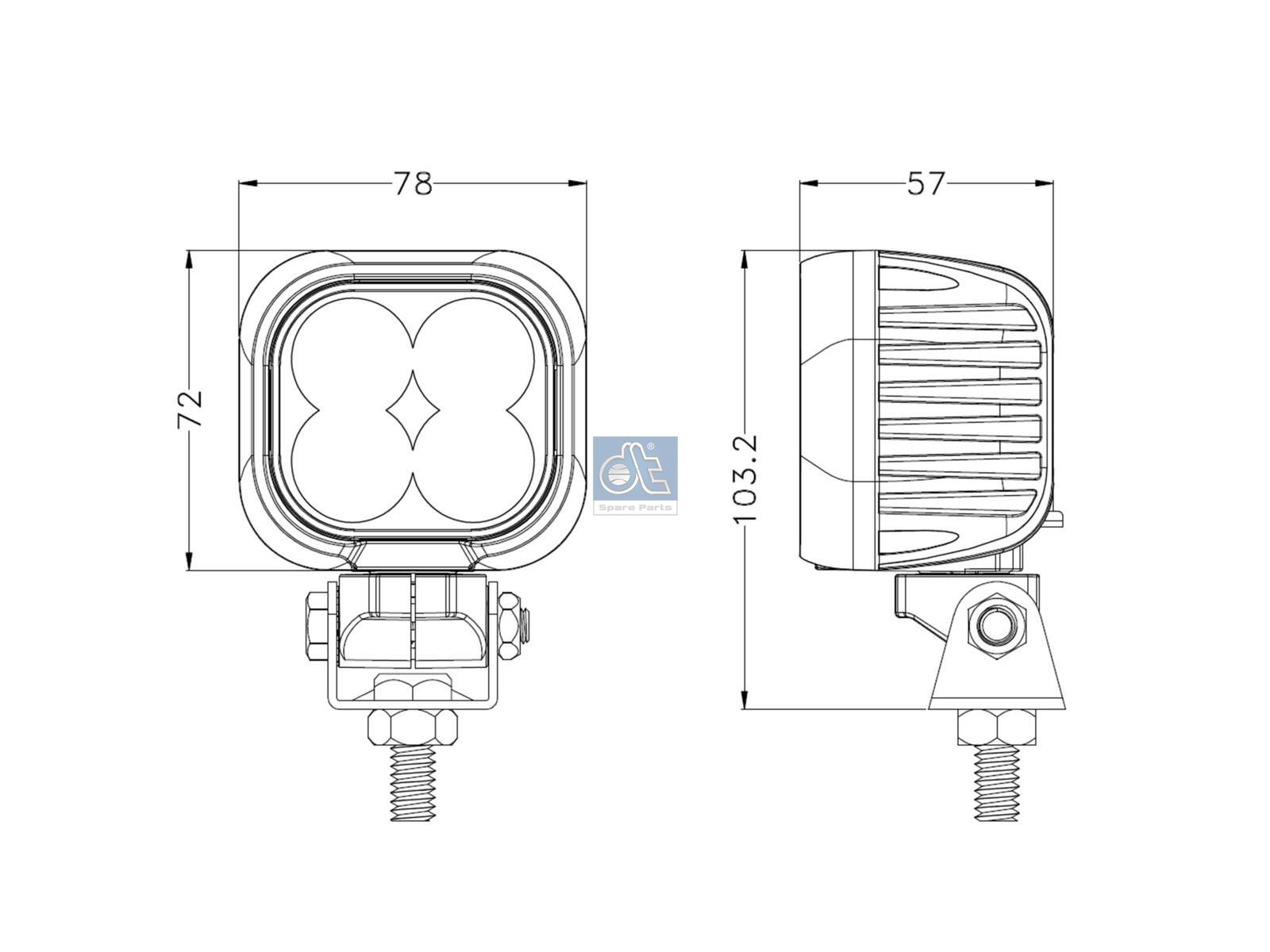 DT Spare Parts 9.69033 Work lamp, LED, W: 78 mm, H1: 72 mm, H2: 103.2 mm, T: 57 mm