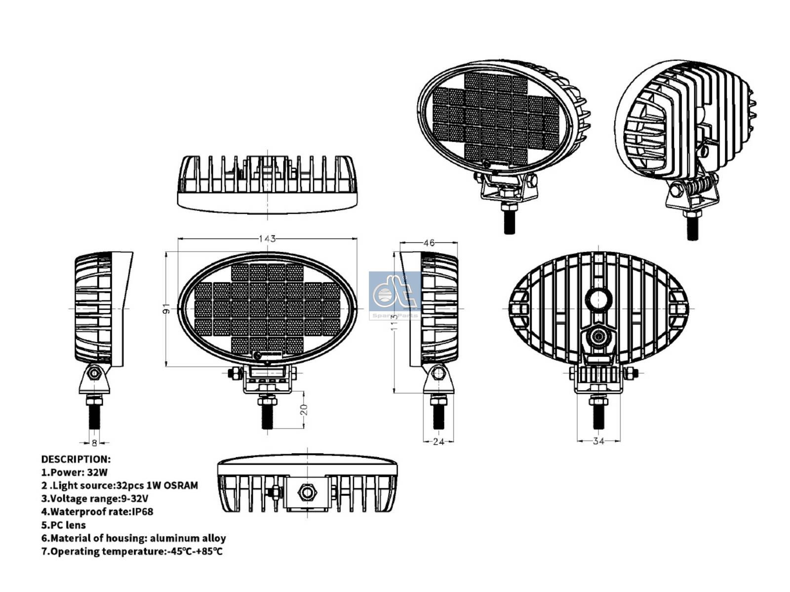 DT Spare Parts 9.69038 Work lamp, LED, W: 143 mm, H1: 91 mm, H2: 113 mm, T: 46 mm