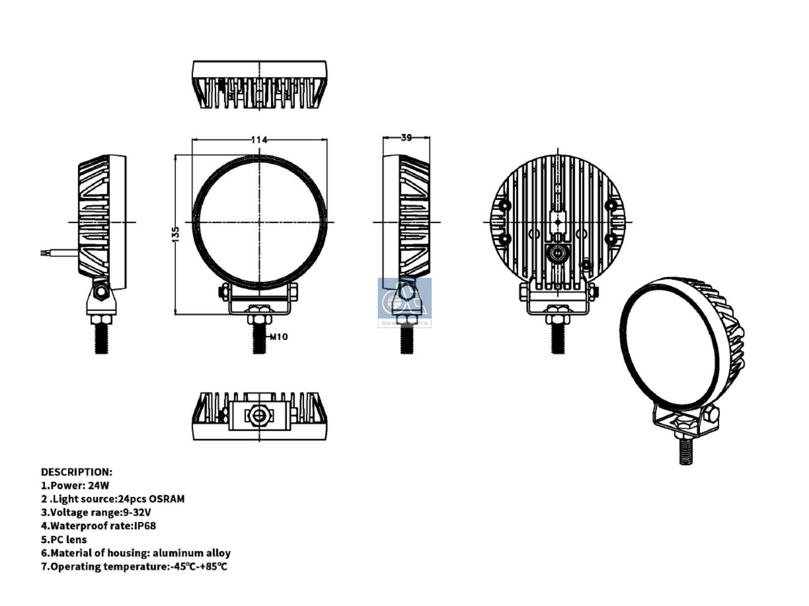 DT Spare Parts 9.69039 Work lamp, LED, r: 57 mm, H: 135 mm, T: 39.3 mm