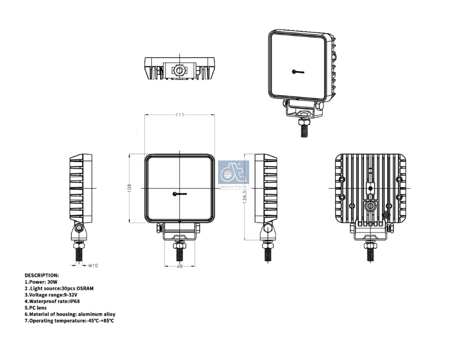 DT Spare Parts 9.69042 Work lamp, LED, W: 111 mm, H1: 109 mm, H2: 136.5 mm, T: 34.8 mm