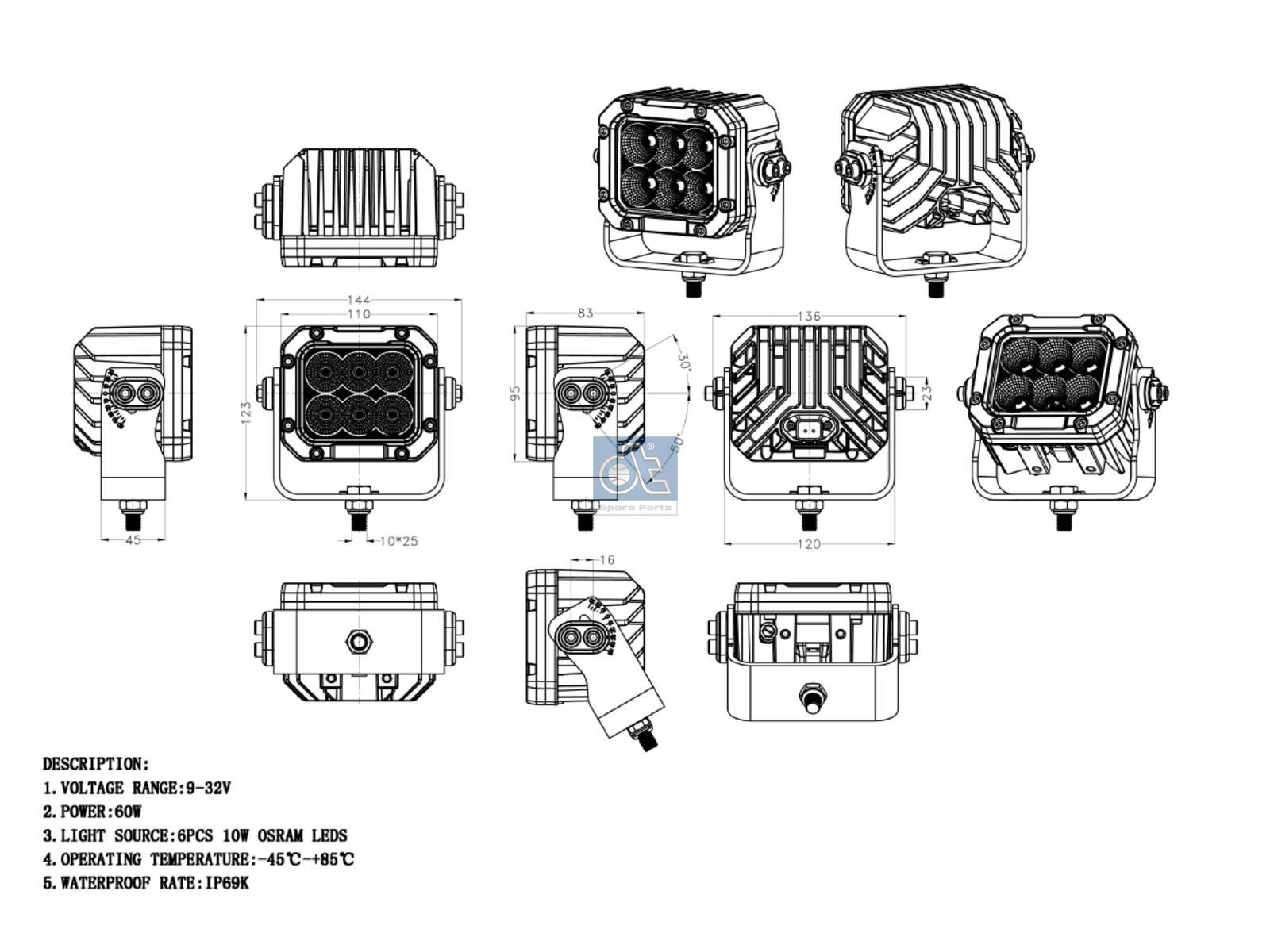DT Spare Parts 9.69044 Work lamp, LED, W1: 110 mm, W2: 144 mm, H1: 95 mm, H2: 122.5 mm, T: 83 mm
